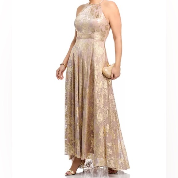 Aqua Formal Floral Print Foil Halter Gown Metallic Gold Beige size 10 - Picture 16 of 16